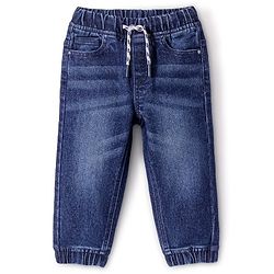 Babyhug Cotton Blend Full Length Solid Color Stretchable Denim Jogger - Dark Blue