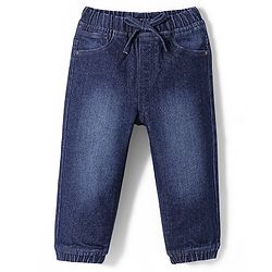 Babyhug Cotton Blend Full Length Stretchable Washed Denim Jogger - Dark Blue