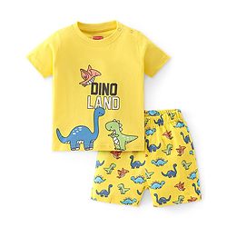Babyhug Cotton Single Jersey Knit Half Sleeves Night Suit Dino Print - Yellow