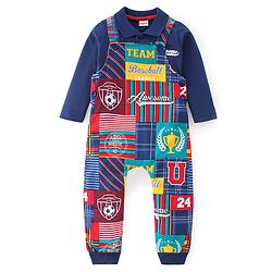 Babyhug 100% Cotton Single Jersey Knit Soccer Ball Printed Dungaree With Full Sleeves Polo T-Shirt - Blue & Multicolor
