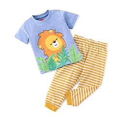Babyhug Cotton Knit Half Sleeves Night Suit With Lion Print - Blue & Orange