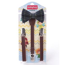 Babyhug Free Size Checked Bow and Suspender Set - Blue & Brown