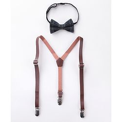 Babyhug Free Size Checked Bow and Suspender Set - Blue & Brown