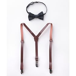 Babyhug Free Size Checked Bow and Suspender Set - Blue & Brown