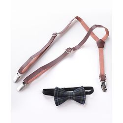 Babyhug Free Size Checked Bow and Suspender Set - Blue & Brown