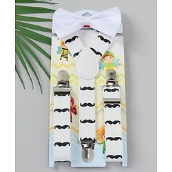 Babyhug Free Size Mustache Printed Bow and Suspender Set - White