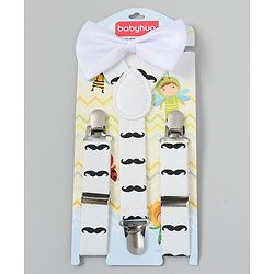 Babyhug Free Size Mustache Printed Bow and Suspender Set - White