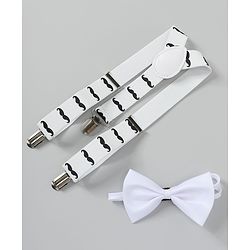 Babyhug Free Size Mustache Printed Bow and Suspender Set - White