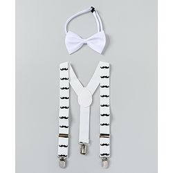 Babyhug Free Size Mustache Printed Bow and Suspender Set - White
