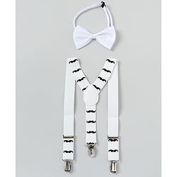 Babyhug Free Size Mustache Printed Bow and Suspender Set - White