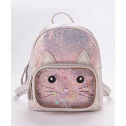 Babyhug Fashion Backpack with Sequinned & Kitty Applique - Beige