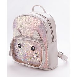 Babyhug Fashion Backpack with Sequinned & Kitty Applique - Beige