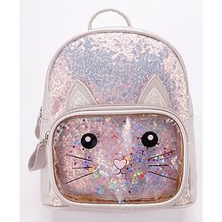 Babyhug Fashion Backpack with Sequinned & Kitty Applique - Beige