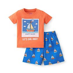 Babyhug Cotton Single Jersey Knit Half Sleeves Night Suit Boat Print - Orange & Blue
