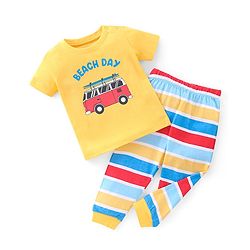 Babyhug Cotton Knit Half Sleeves Night Suit With Van Print - Yellow & Blue