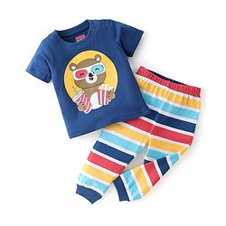 Babyhug Single Jersey Cotton Knit Half Sleeves Night Suit Bear Print - Multicolour