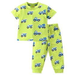 Babyhug Cotton Knit Half Sleeves Night Suit With Construction Vehicle Print - Green