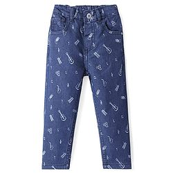 Babyhug Full Length Denim Jeans With Stretch & Musical Instruments Printed - Blue
