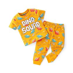Babyhug Cotton Single Jersey Knit Half Sleeves Night Suit Dino Print - Yellow