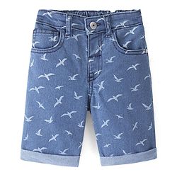 Babyhug Cotton Denim Above Knee Length Bermuda With Stretch Bird Print- Blue