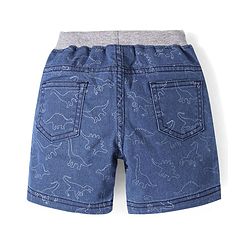 Babyhug Cotton Denim Shorts With Stretch Dino Print- Blue