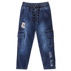Babyhug Cotton Spandex Full Length Washed Stretchable Denim Joggers with Text Embroidered - Blue