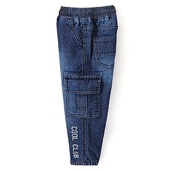 Babyhug Cotton Spandex Full Length Washed Stretchable Denim Joggers with Text Embroidered - Blue