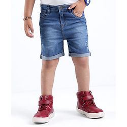 Babyhug Cotton Blend Knee Length Denim Shorts With Stretch Airplane Print - Blue