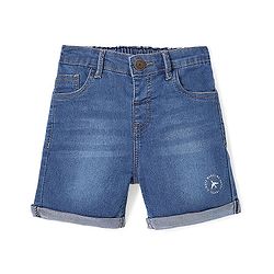 Babyhug Cotton Blend Knee Length Denim Shorts With Stretch Airplane Print - Blue