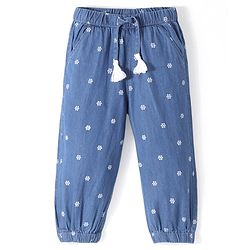Babyhug 100% Cotton Full Length Denim Joggers with Floral Print - Blue