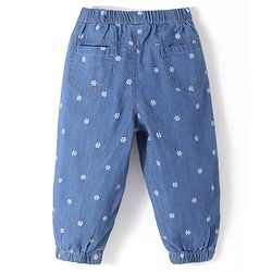 Babyhug 100% Cotton Full Length Denim Joggers with Floral Print - Blue