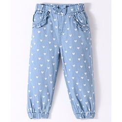Babyhug Cotton Full Length Denim Joggers with Heart Print - Light Blue