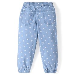 Babyhug Cotton Full Length Denim Joggers with Heart Print - Light Blue