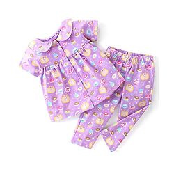 Babyhug Cotton Knit Single Jersey Half Sleeves Night Suit With Birthday Party Theme Print - Purple