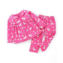 Babyhug Cotton Knit Full Sleeves Night Suit With Unicorn Print - Pink
