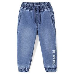 Babyhug Cotton Spandex Full Length Washed & Stretchable Denim Joggers with Draw-Cord Text Print - Blue