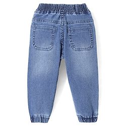 Babyhug Cotton Spandex Full Length Washed & Stretchable Denim Joggers with Draw-Cord Text Print - Blue