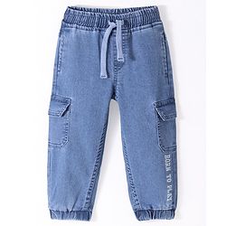 Babyhug Denim Full Length Joggers with Stretch & Text Printed - Blue