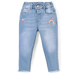 Babyhug Cotton Spandex Full Length Stretchable Denim Jeans with Rainbow Embroidery - Blue
