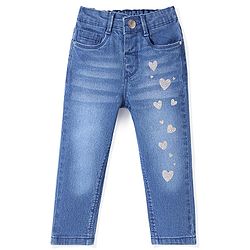 Babyhug Denim Washed  Full Length Stretchable  Jeans with Heart Patch  -Blue