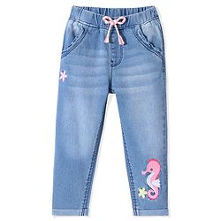 Babyhug Denim Washed  Full Length Stretchable  Jeans with Star & Seahorse Embroidery -Blue