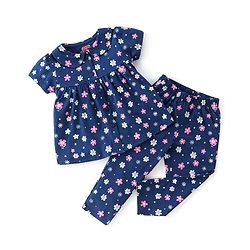 Babyhug Single Jersey Knit Half Sleeves Floral Print Night Suit - Blue