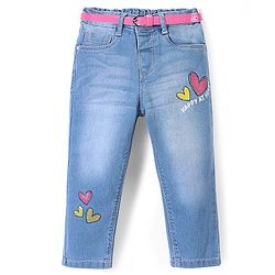 Babyhug Full Length Denim Jeans With Stretch Heart Print - Blue