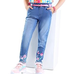 Babyhug Cotton Spandex Full Length Washed Stretchable Denim Jeans with Belt & Floral Embroidery - Blue