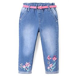Babyhug Cotton Spandex Full Length Washed Stretchable Denim Jeans with Belt & Floral Embroidery - Blue