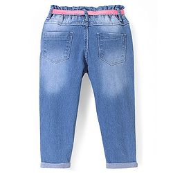 Babyhug Cotton Spandex Full Length Washed Stretchable Denim Jeans with Belt & Floral Embroidery - Blue