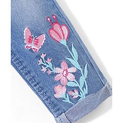 Babyhug Cotton Spandex Full Length Washed Stretchable Denim Jeans with Belt & Floral Embroidery - Blue