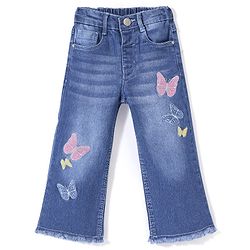 Babyhug Denim Washed Full Length Stretchable Jeans with Butterfly Embroidery -Blue
