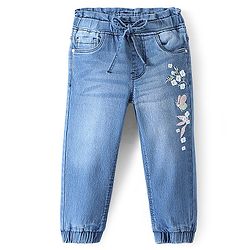 Babyhug Cotton Spandex Full Length Washed Stretchable Denim Joggers with Floral Embroidery - Blue