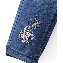 Babyhug Denim Washed Full Length Stretchable Jeans with Butterfly Embroidery -Blue